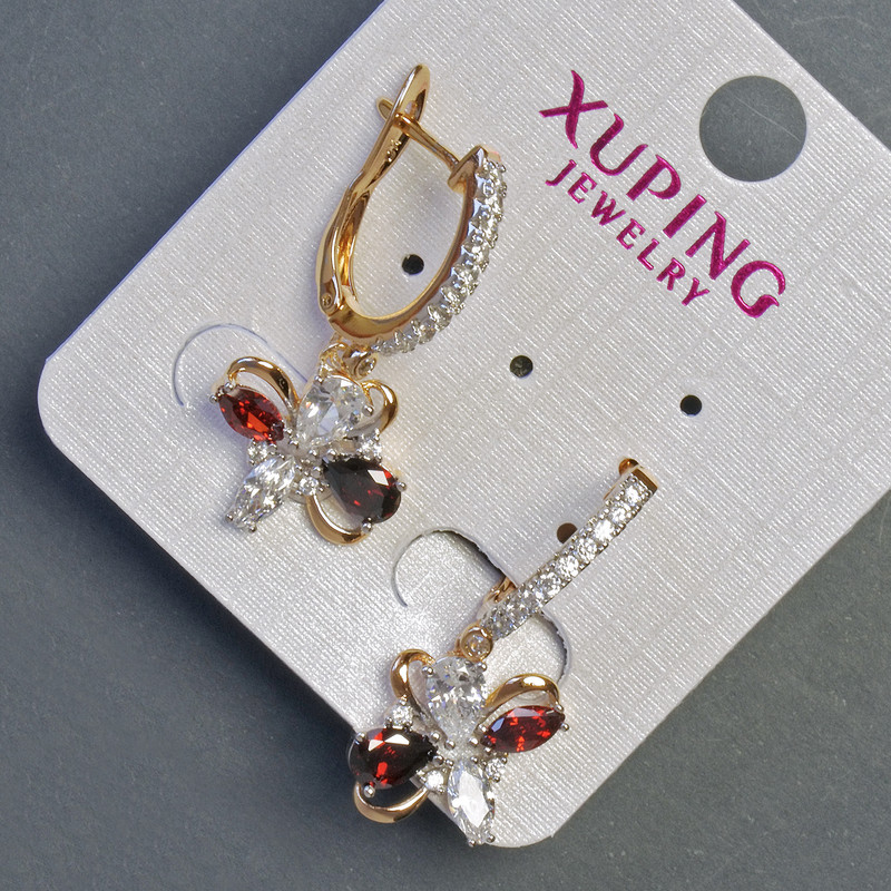 Ohrringe Xuping, 18K-Vergoldung, Rhodium-beschichtet, roter Stein und weiße Strasssteine, 30×12 mm