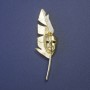 Brosche/Anhänger Feder des Schriftstellers mit Maske, goldfarbenes Metall, 80×23 mm