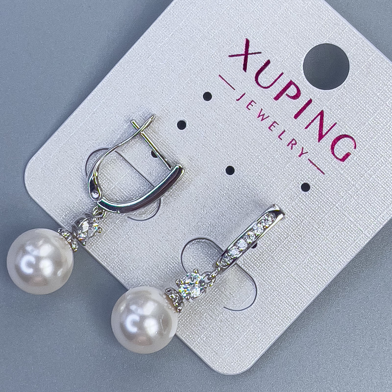 Xuping rhodiumbeschichtete Ohrringe mit Mallorca-Perle, Durchmesser 10 mm und weiße Strasssteine, Länge 30 mm +