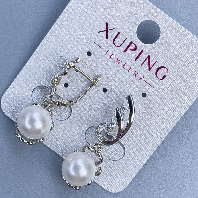 Ohrringe Xuping rhodiniert mit Majorka-Perle, Durchmesser 10 mm und weiße Strasssteine, Länge 30 mm +