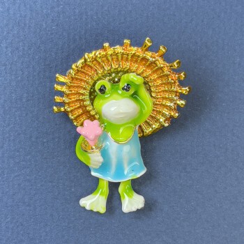 Brosche Frosch gelb, blau und hellgrün, goldfarbenes Metall, 32×40 mm+