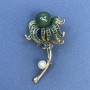 Brosche Blume mit Perle und grünen Strasssteinen, grünem Zentrum, goldfarbenem Metall 30 × 56 mm+