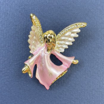 Engel-Brosche mit weißen und rosa Strasssteinen, goldfarbenem Metall, 31×43 mm