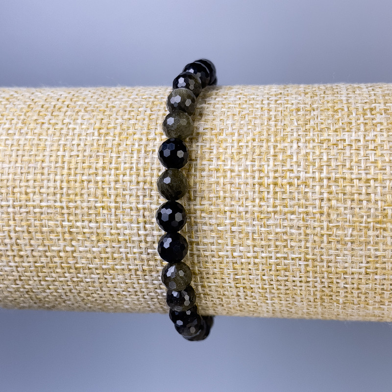 Armband Sonnen-Obsidian, facettierte Kugeln, Durchmesser ca. 6 mm, Länge ca. 18 cm, Stretch