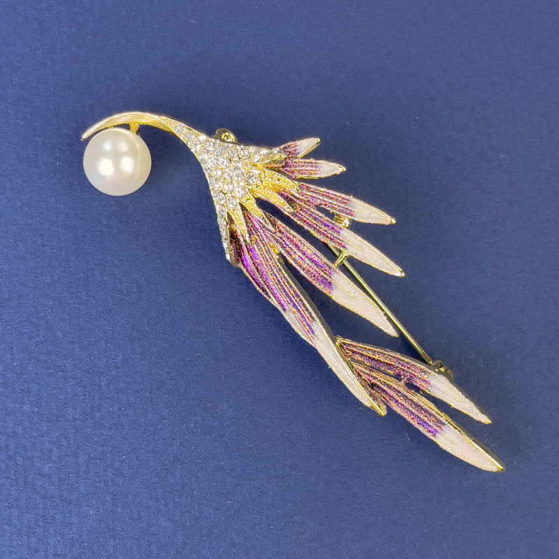 Brosche »Ästchen mit Perle« und weißen Strasssteinen, goldfarbenes Metall 74×24 mm+