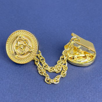Brosche für Cardigans aus goldfarbenem Metall, Durchmesser 20 mm ±, Kette, Länge ca. 9 cm+