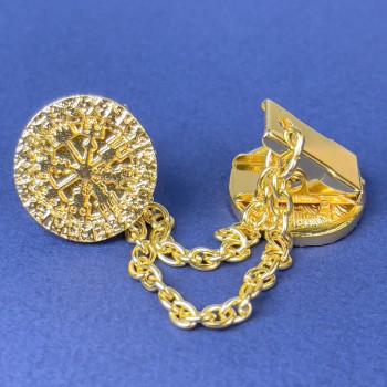 Brosche für Cardigans aus goldfarbenem Metall, Durchmesser ca. 20 mm, Kette ca. 9 cm lang