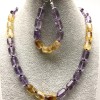 Set Halskette und Armband Citrin und Amethyst, facettierte Zylinderperlen 12×8 mm, auf Faden aufgefädelt
