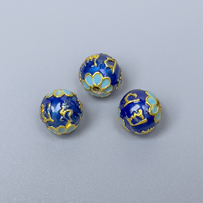Cloisone-Perle blau-türkis Emaille, Durchmesser ca. 10 mm, Lochdurchmesser 1,5 mm, goldfarbenes Metall, 1 Stück