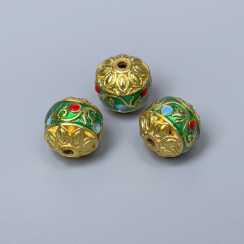 Cloisone-Perle grün, rot und blau Emaille, Ø 11 mm ±, Loch Ø ca. 1,8 mm, goldfarbene Metallfarbe, 1 Stück