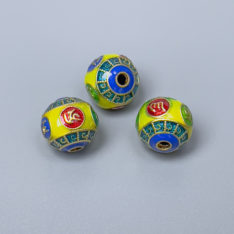 Kloisonné-Perle, emailliert in Gelb, Blau, Grün und Rot, Durchmesser 10×9 mm, Lochdurchmesser 2 mm, goldfarbener Metallton, 1 Stück