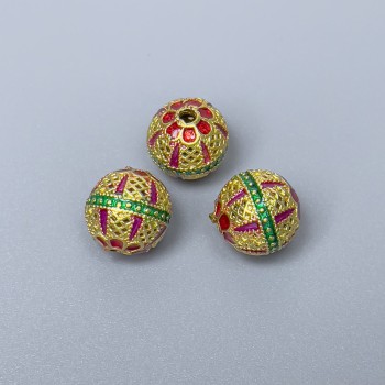 Cloisone-Perle Grün, Rot und Himbeertonen Emaille, Durchmesser ca. 10 mm, Lochdurchmesser ca. 1,8 mm, goldfarbener Metallglanz, 1 Stück
