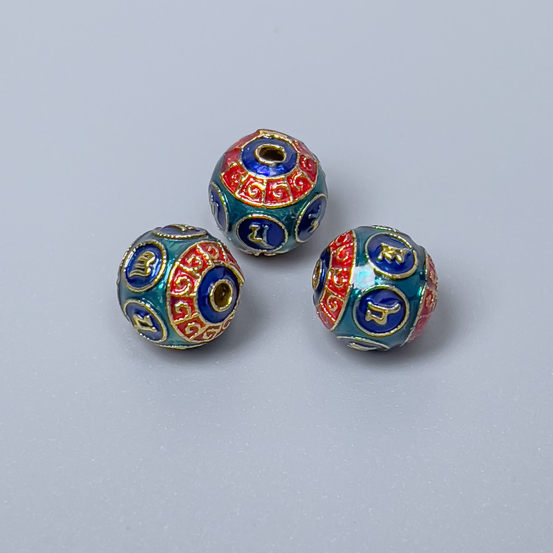 Cloisonsperle Cloisonné rot, türkisblau und blau emailliert, Durchmesser ca. 8 mm, Lochdurchmesser ca. 1,5 mm, goldfarbener Metallton, 1 Stück
