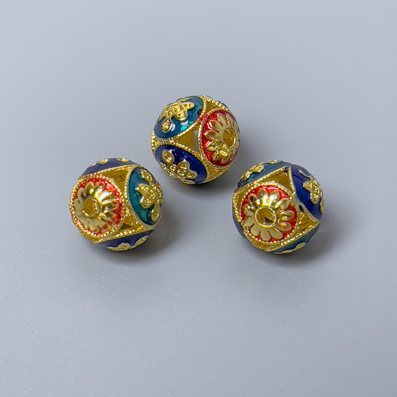 Cloisonné-Perle rot, türkis, blau Emaille, Durchmesser ca. 10 mm, Loch Ø 1,8 mm, goldfarbener Metallton, 1 Stück
