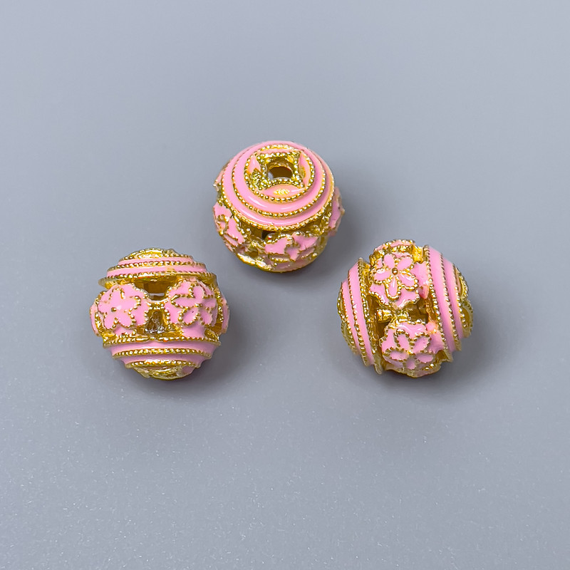 Cloisonsperle rosa Emaille, Durchmesser 10 mm ± Lochdurchmesser ca. 1,8 mm, goldfarbener Metallton, 1 Stück