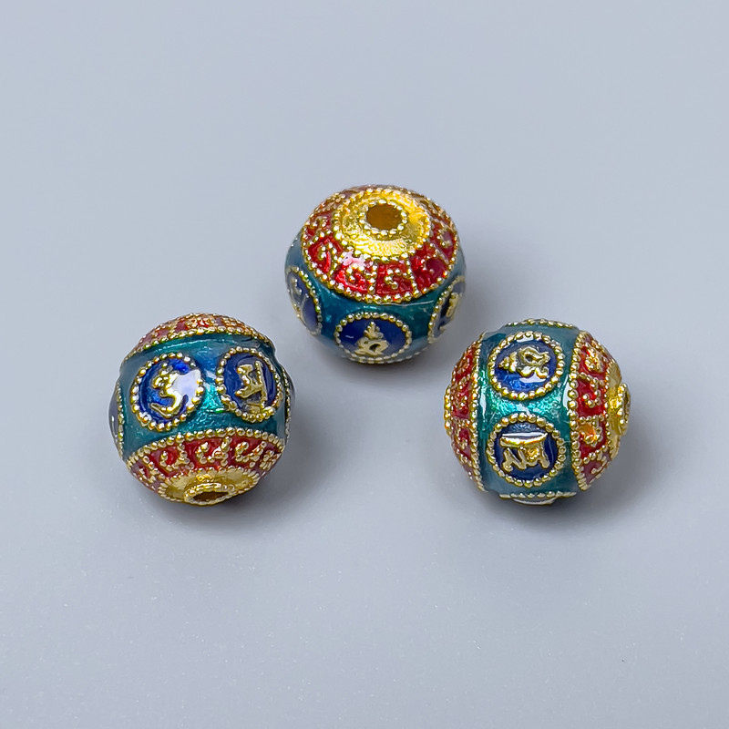 Kluazone-Perle – Cloisonné-Emaille in Rot, Blau und Türkis, Ø 10 mm ± Loch Ø 2 mm, goldfarbener Metallton, 1 Stück