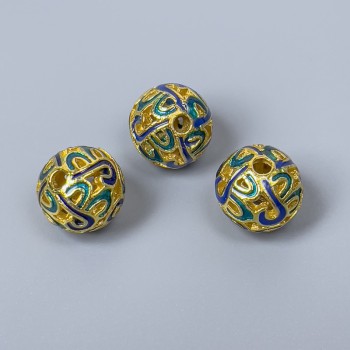 Cloisone-Perle blau-türkis Emaille, Durchmesser 10 mm ± Lochdurchmesser 2 mm, goldfarbiges Metall, 1 Stück