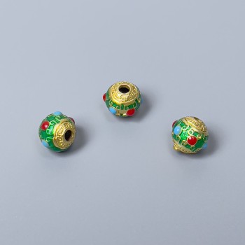 Cloisone-Perle grün-rote Emaille, Durchmesser 8×7 mm ± Lochdurchmesser ca. 2 mm, goldfarbener Metallton, 1 Stück