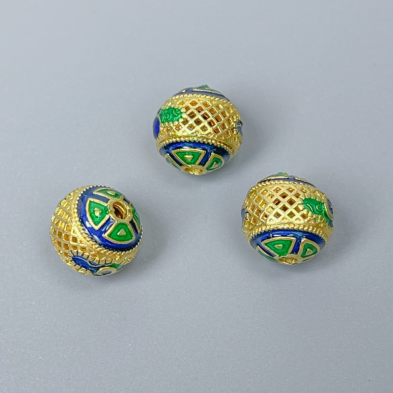 Cloisonsperle blau-grün emailliert, Durchmesser ca. 10 mm, Loch 2 mm, goldfarbener Metallton, 1 Stück