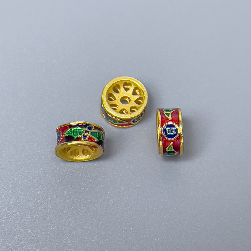 Cloisone Rondellperle, rot, grün, blau emailliert, Durchmesser 8×4 mm, Lochdurchmesser 1 mm, goldfarbener Metallton, 1 Stück