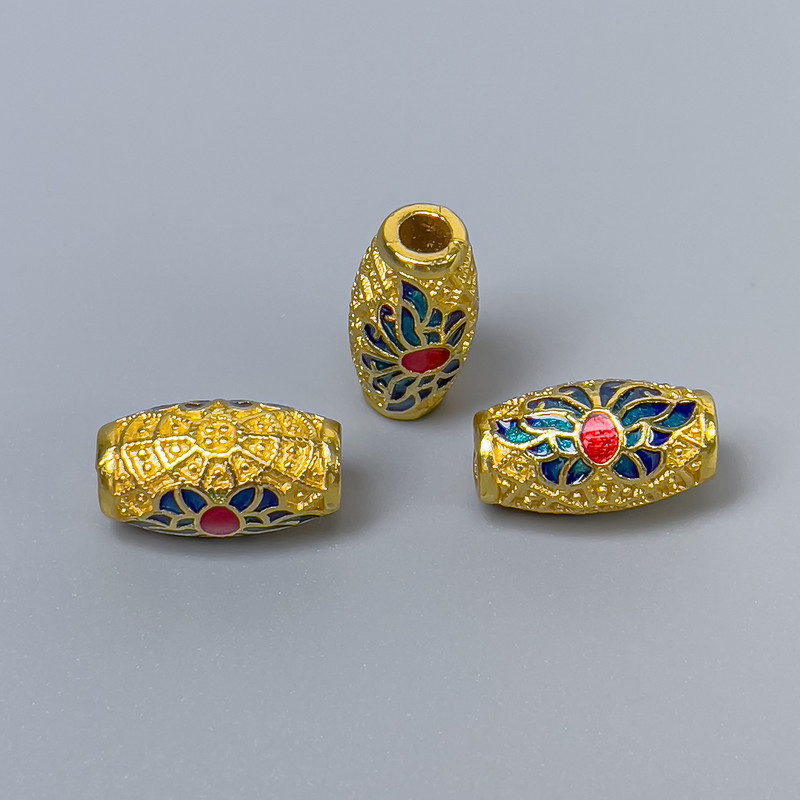 Cloisonsperle Barillat blau-rot Emaille, Maß 8×14 mm, Lochdurchmesser 3 mm, goldfarbenes Metall, 1 Stück