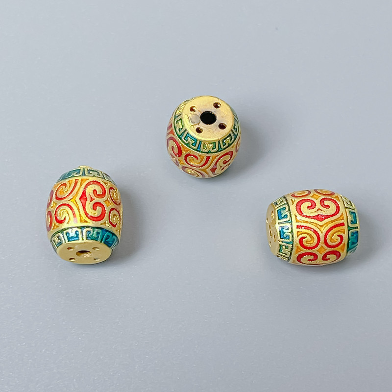 Cloisonsperle Barrel-Form, rot-grüne Emaille, goldfarbene Metallfarbe, Maße 10 × 9 mm, Bohrung ca. 1,8 mm, 1 Stück