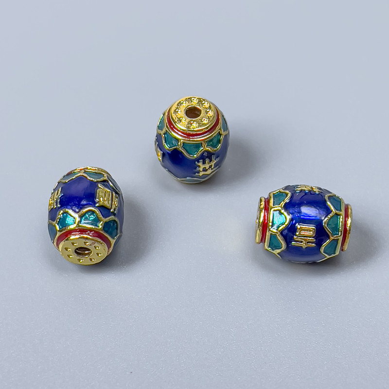 Cloisonné-Perle Barrelform, blau, grün, rot emailliert, Durchmesser 8×10 mm, Loch Ø ca. 1,5 mm, goldfarbener Metallton, 1 Stück