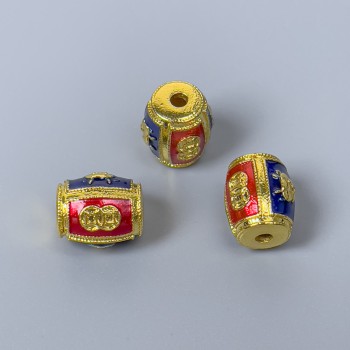 Cloisone-Barrel-Perle rot und blau emailliert, Durchmesser 9×11 mm, Lochdurchmesser ca. 1,8 mm, goldfarbenes Metall 1 Stück