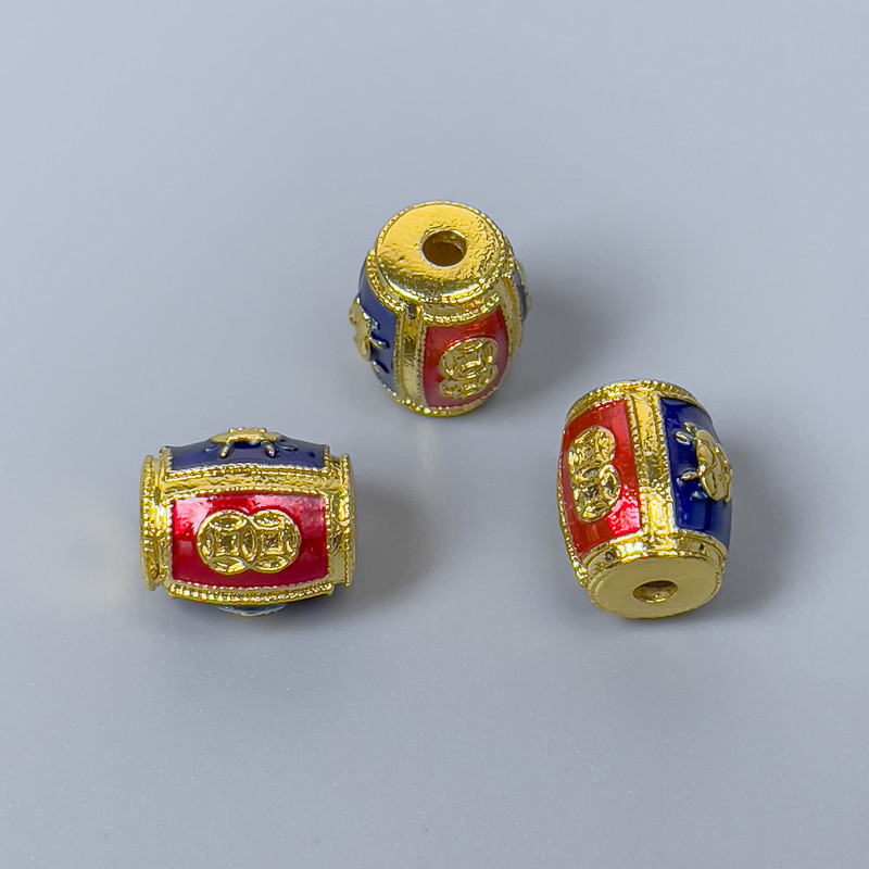 Cloisone-Barrel-Perle rot und blau emailliert, Durchmesser 9×11 mm, Lochdurchmesser ca. 1,8 mm, goldfarbenes Metall 1 Stück