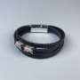 Herrenarmband aus schwarzem Öko-Leder mit Metall-Einsätzen, Dicke 12–20 mm ±, Länge 22 cm ±, silberfarbener Metallverschluss
