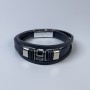 Herrenarmband aus schwarzem Öko-Leder mit Metall-Einsätzen, Dicke 12–25 mm +/-, Länge ca. 22 cm, silberfarbenes Metall am Verschluss