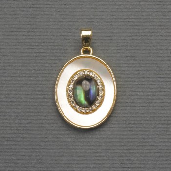 Anhänger aus Haliotis und Perlmutt, oval, goldfarbenes Metall, Durchmesser ca. 18 × 16 mm, Länge ca. 27 mm