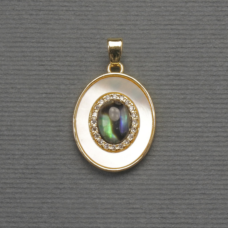 Anhänger aus Haliotis und Perlmutt, oval, goldfarbenes Metall, Durchmesser ca. 18 × 16 mm, Länge ca. 27 mm