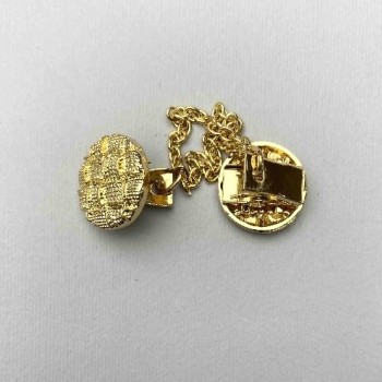 Brosche für Cardigans aus goldfarbenem Metall, Durchmesser ca. 20 mm, Kette ca. 9 cm Länge
