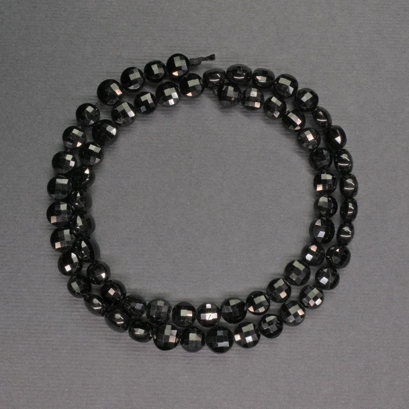 Naturstein-Perlen Turmalin schwarz, Münzform, Durchmesser 6×4 mm, Länge ca. 39 cm