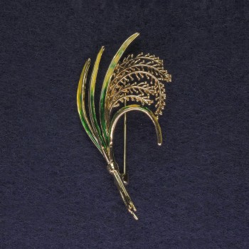 Brosche 'Ästchen' grün und gelb emailliert, goldfarbiges Metall, Durchmesser 52×27 mm +