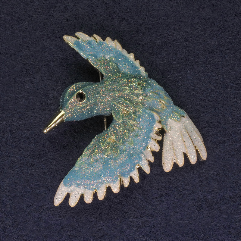 Vogelbrosche in Blau mit Glanz, 40 × 42 mm, goldfarbenes Metall
