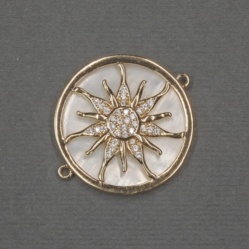 Verbindungsstück 'Sonne' mit natürlichem Perlmutt 25×30×3 mm ± goldfarbenes Metall