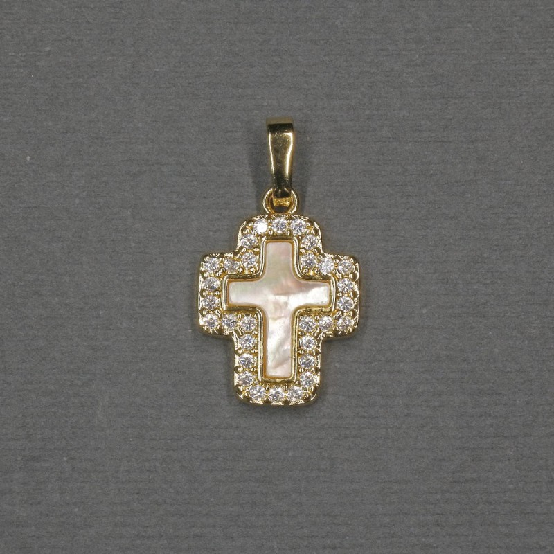 Kreuzanhänger mit Perlmutt-Einlage 13×15×18×2,5 mm ± goldfarbenes Metall