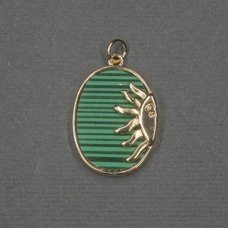 Anhänger Sonne mit Malachit-Inlay (gepresst) 17×20×24×3 mm ± goldfarbenes Metall