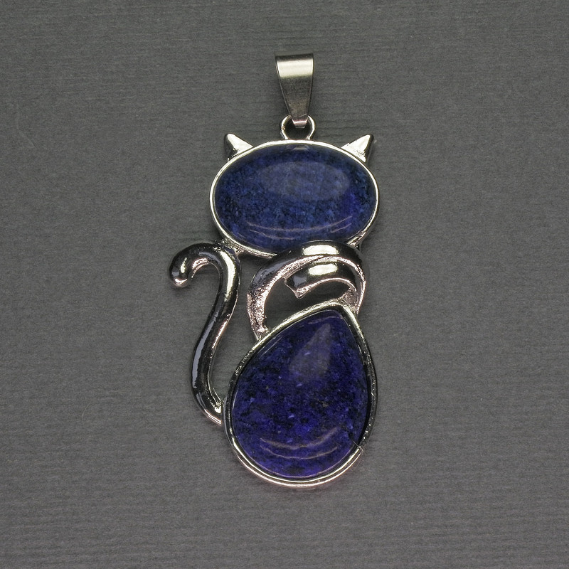 Anhänger 'Katze' aus Lapislazuli, 25×51 mm ± silberfarbenes Metall