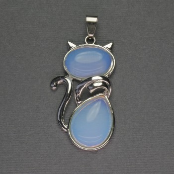 Anhänger Katze mit Mondstein 25×51 mm ± silberfarbenes Metall
