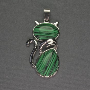 Anhänger Katze aus Malachit, 25×51 mm ± silberfarbenes Metall