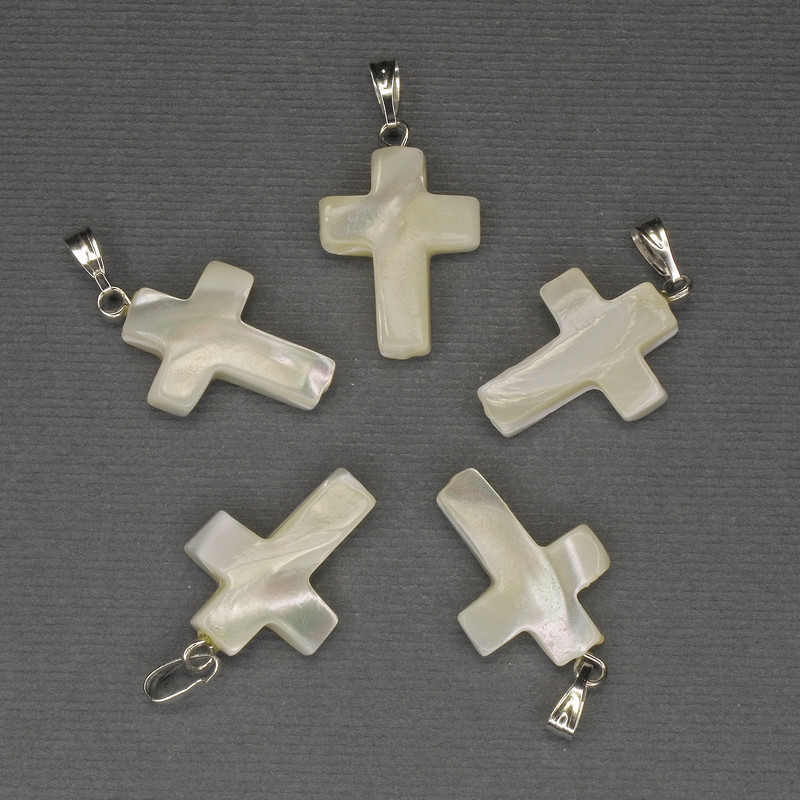 Perlmutt-Anhänger Kreuz 30×20×15 mm ± silberfarbenes Metall