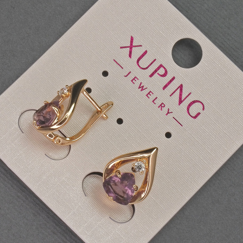 Xuping-Ohrstecker mit weißen Strasssteinen und violettem Kristall, Durchmesser ca. 11 mm, Länge ca. 16 mm, 18K-Vergoldung 
