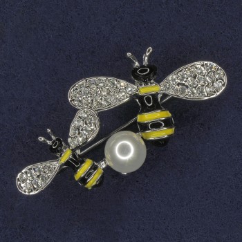 Bienenbrosche Gelb- und Schwarzemailliert, Perle, weiße Strasssteine, silberfarbenes Metall, 30×37 mm+