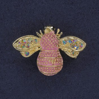 Brosche 'Bienchen' rosa Emaille, Regenbogen-Rhinestones, goldfarbenes Metall 22×30 mm+