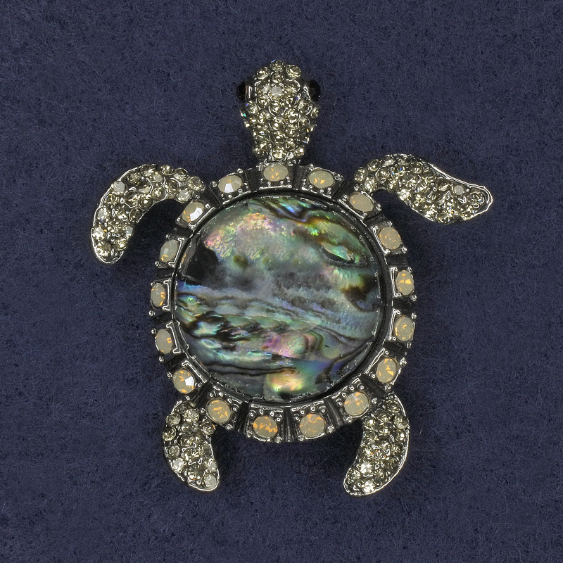 Brosche-Anhänger 'Schildkröte Haliotis' Strasssteine silberfarbenes Metall 45×50 mm+