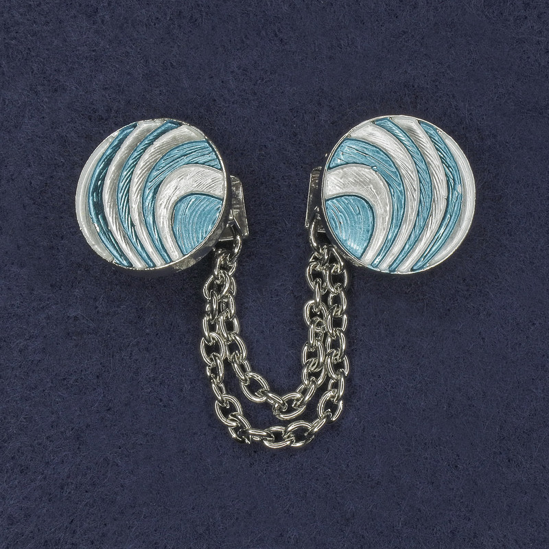 Klemmbrosche für Cardigans, Weiß-blaue Emaille auf silbernem Metall, Ø 20 mm, Kette ca. 9 cm lang
