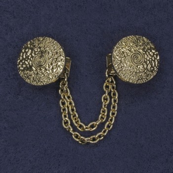 Brosche für Cardigans aus goldfarbenem Metall, Durchmesser ca. 20 mm, mit Kette, Länge ca. 9 cm